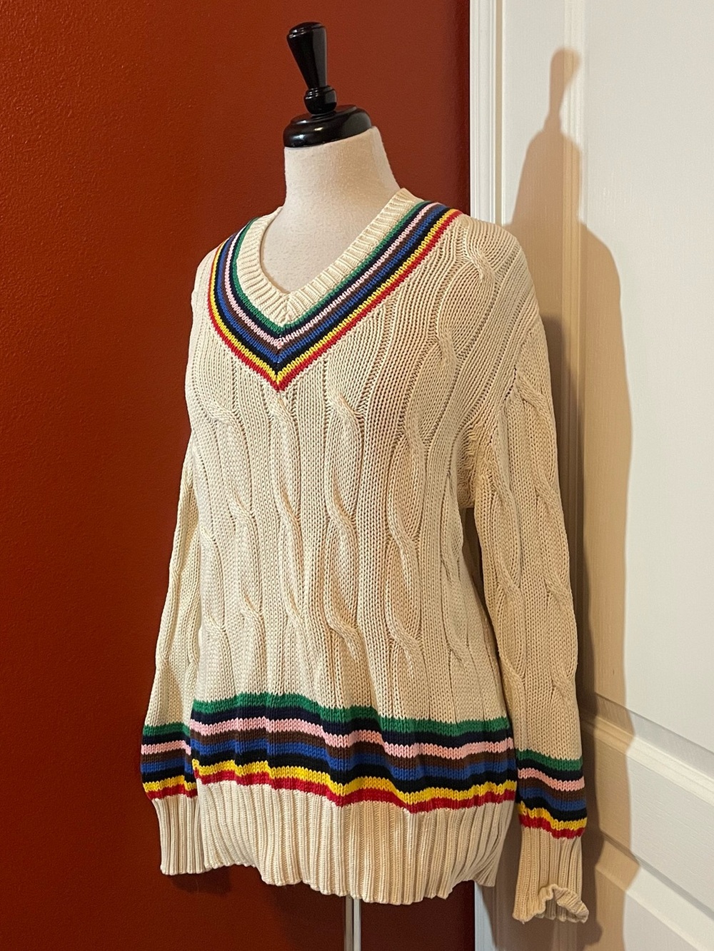 Rowing Blazers x Target Adult V Neck Cable Croquet Rainbow Striped Knit‎ Sweater